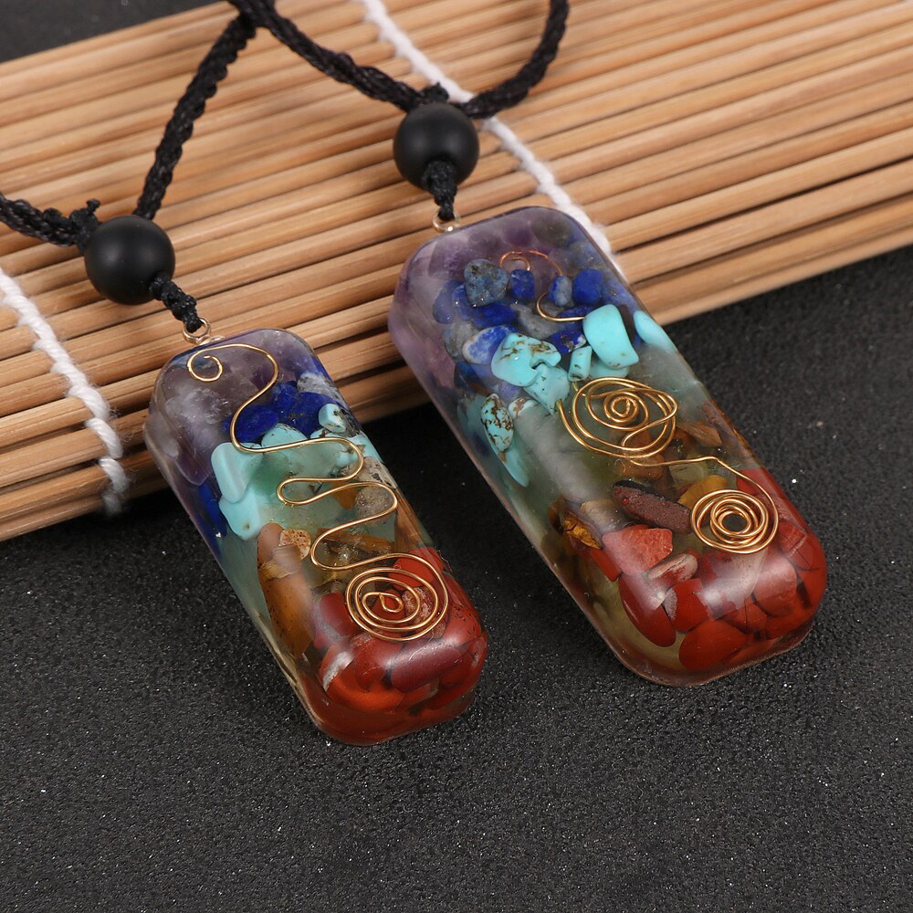 Natural Chip Gravel Stone Resin 7 Chakra Orgone Energy Pendant Necklace Reiki Healing Pendulum Amulet  For Men Women Couples