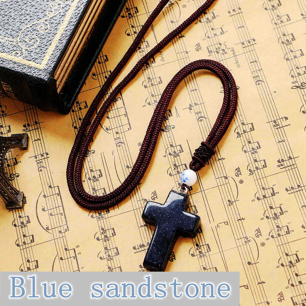 Natural Cross Quartz Necklace Leather Choker Fashion Jewelry For Women Cross Crucifix Necklaces & Pendants Reiki Chakra Gemstone