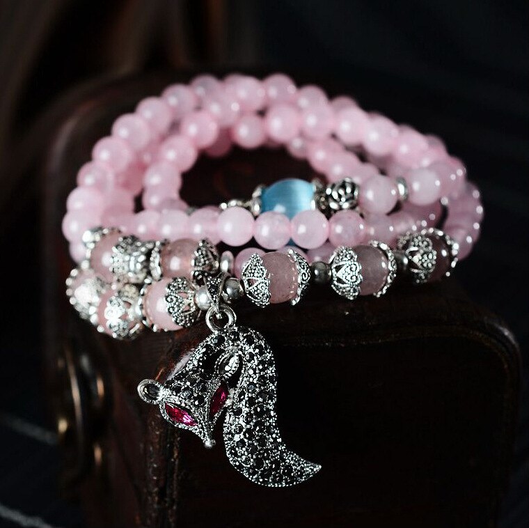 Natural Crystal Beads With Fox Bracelet Women Fashion Pink Crystal Bracelet High-end Jewelry Bracelet