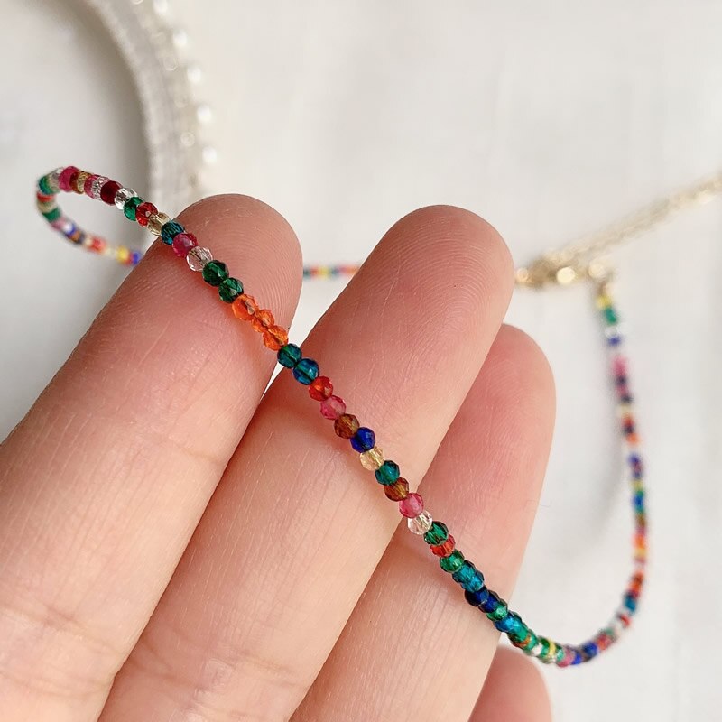 Natural Crystal Necklaces for Women Colorful Chakra 2mm Small Stone Beads Strand Choker Simple Crystal Collier Healing