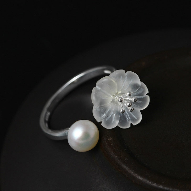 Natural Crystal Plum Blossom Ring 925 Pure Silver Female Rings with Pearl Opening Ring for Women Fine Jewelry