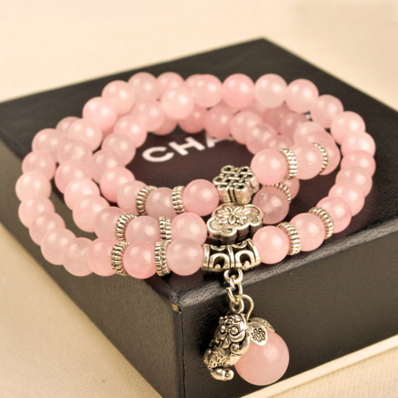 Natural Crystal Stone Bracelet Pinky Color Pixiu Accessories Multi-layers Chinese Knots Fashion Jewelry For Women Free shipping