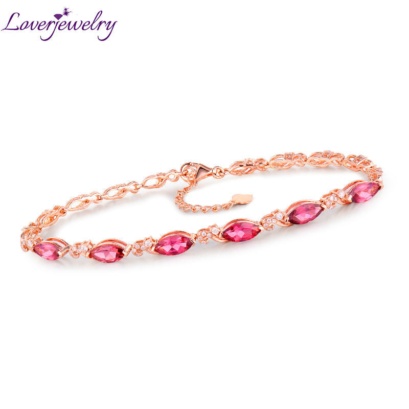 Natural Dia Pink Marquise Tourmaline Wedding Bracelet Jewelry Solid 18K Rose Gold Genuine Gemstone for Women Birthd Gift