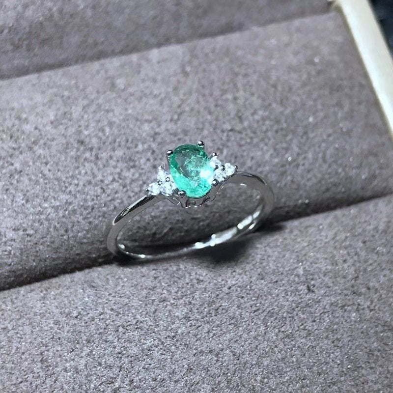 Natural Emerald Gemstone Simple Ring S925 Sterling Silver Fine  Weddings Jewelry for Women  MeiBaPJFS