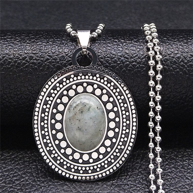 Natural Flash Stone Stainless Steel Big Long Bohemia Chain Necklaces for Women/Men Silver Color Jewelry collier femme N3606S04