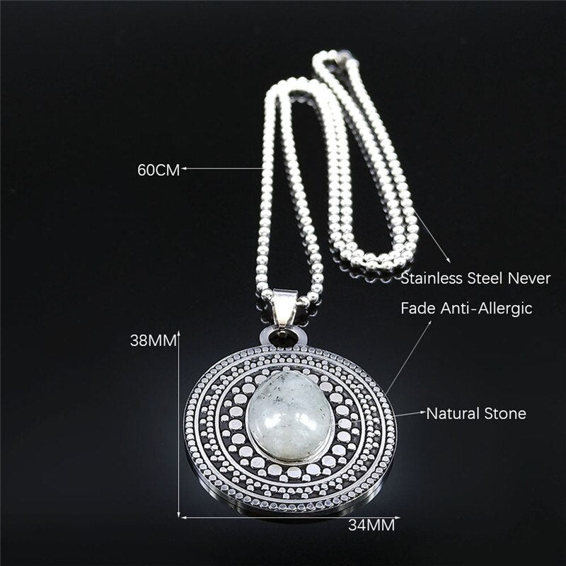 Natural Flash Stone Stainless Steel Big Long Bohemia Chain Necklaces for Women/Men Silver Color Jewelry collier femme N3606S04
