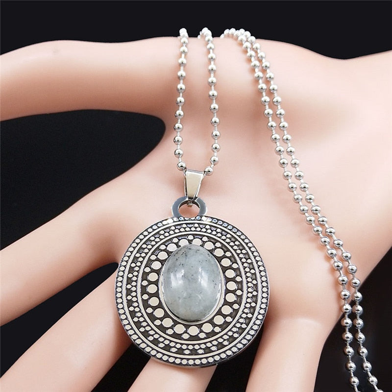 Natural Flash Stone Stainless Steel Big Long Bohemia Chain Necklaces for Women/Men Silver Color Jewelry collier femme N3606S04
