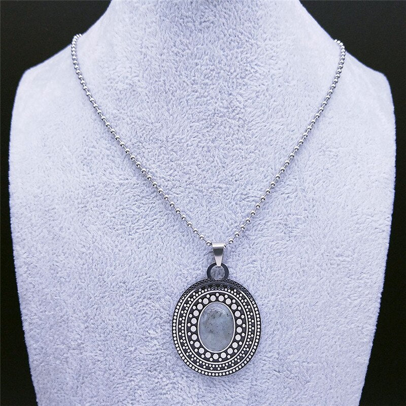 Natural Flash Stone Stainless Steel Big Long Bohemia Chain Necklaces for Women/Men Silver Color Jewelry collier femme N3606S04