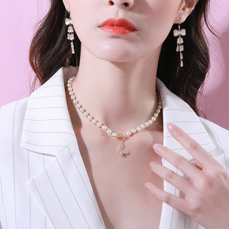 Natural Freshwater  Pearl Clavicle Choker Necklace Baroque Butterfly Pearl Jewelry For Women Wedding Light  Texture Gift