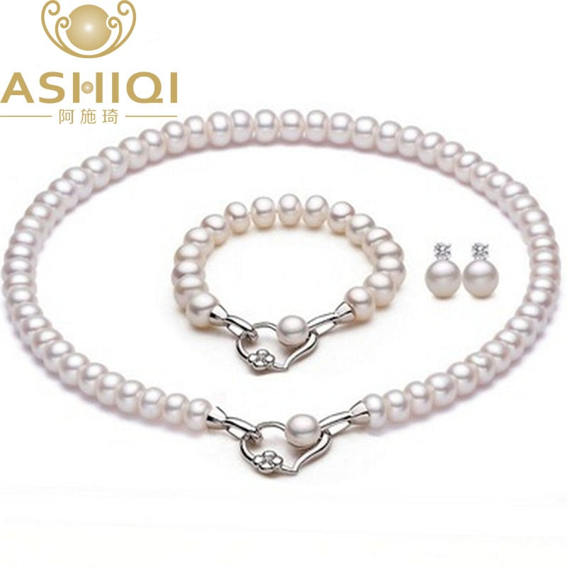 Natural Pearl Necklace Bracelet Stud Earrings For women Wedding Accessories Heart Real Pearl Jewelry Sets