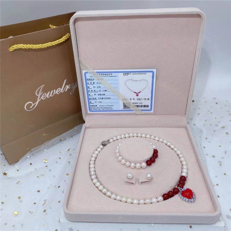 Natural Freshwater Pearl Necklace Earrings Bracelet Chalcedony Pendant  Three Piece Jewelry for Elder's Birthday Gift 45cm