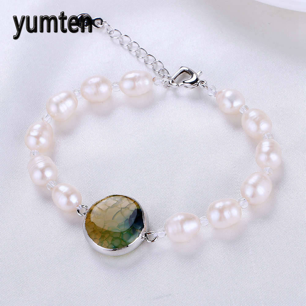 Natural Pearl Women Strand Beaded Agate Crystal Gemstone Druzy Pearl Bracelet Fashion Vintage Good Quality Jewelry