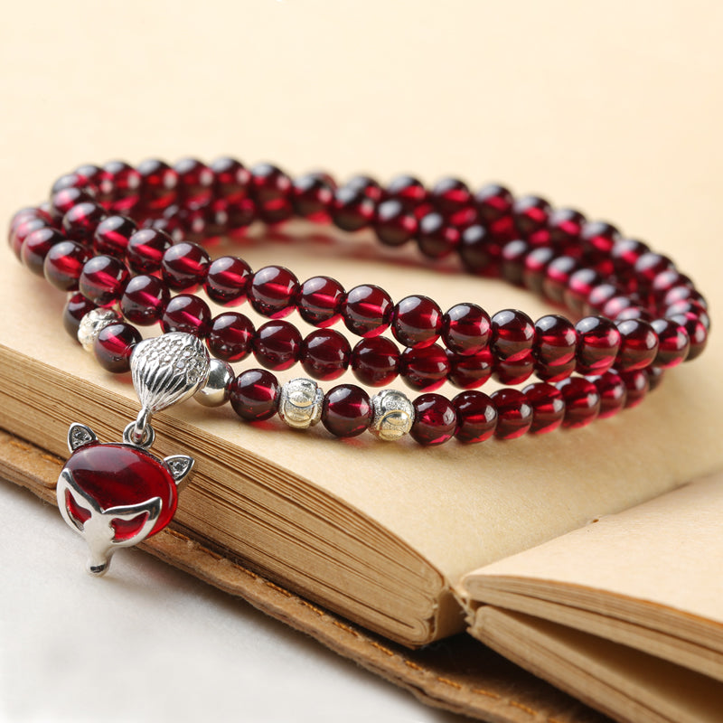 Natural Garnet Bracelets Wine Red Bead with Fox Pendant 925 Sterling Silver Bracelet for Women Girl Crystal Multiplayer Jewelry