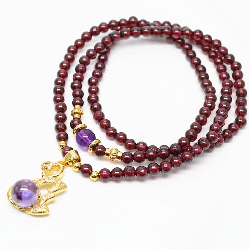 Natural Garnet Round Beads Multi Rows Wrapped Metal Swan Charm Stretch Bracelets Fashion Woman Party Jewelry