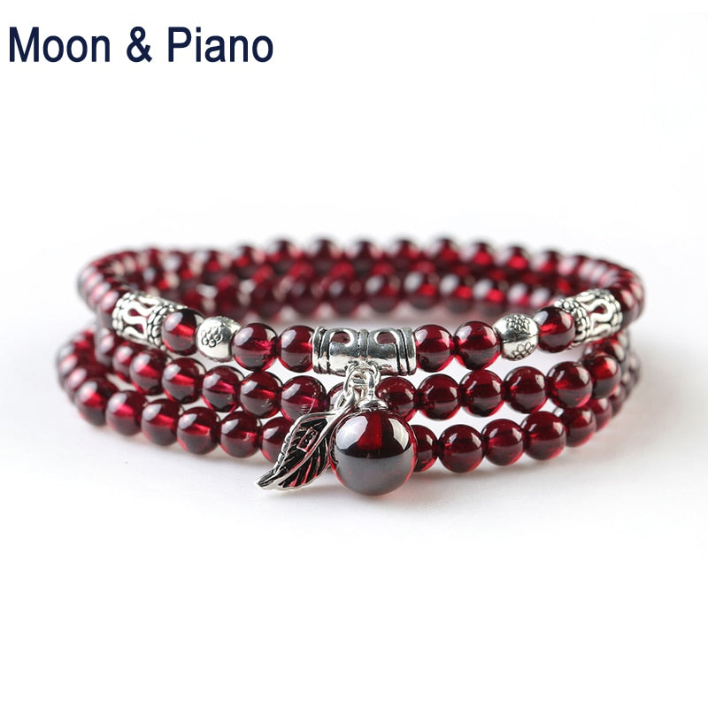 Natural Garnet Strand Bracelets Vintage Leaf Pendant 925 Sterling Silver Crystal Anniversary Customization Jewelry for Woman