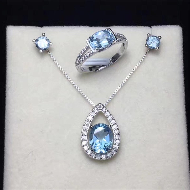 Natural Gemstone Fine Jewelry Sets For Women 925 Silver Ring Stud Earrings Necklaces Pendants Blue Topaz Oval 3PCS Set CCS004-1