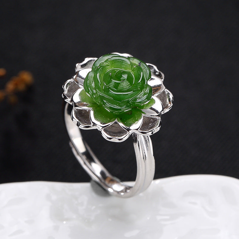 Natural Gemstone Green Jade Jasper Rose Flower Rings For Women Real Solid 925 Sterling Silver Vintage Fine Jewelry Anel Feminino