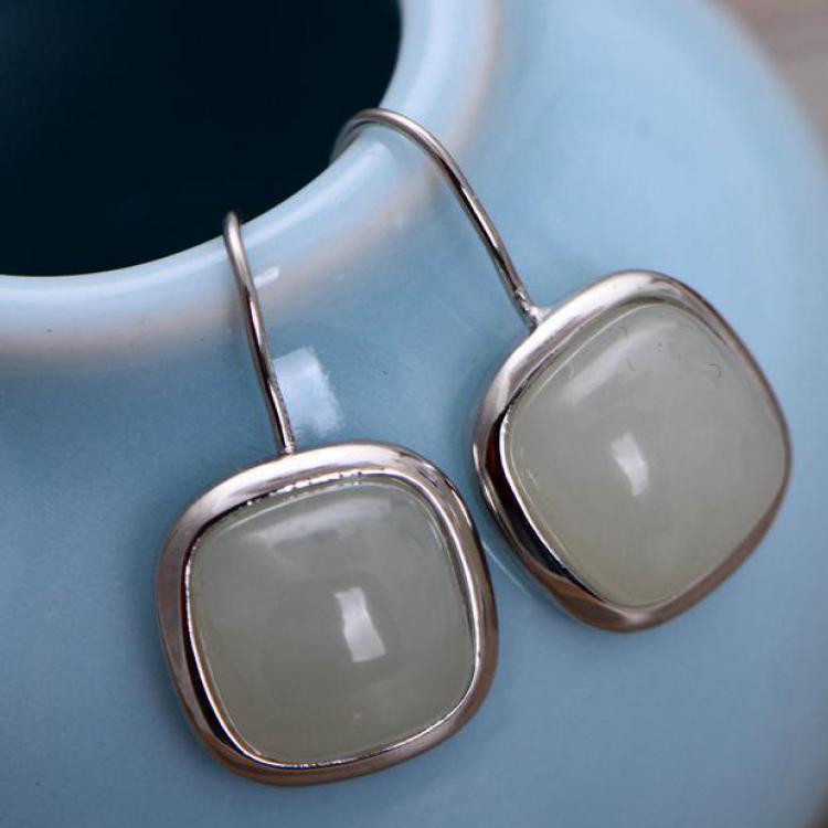Natural Gemstone Jade Earrings For Women 925 Sterling Silver Jewelry Simple Square Shaped Stone Small Refreshing
