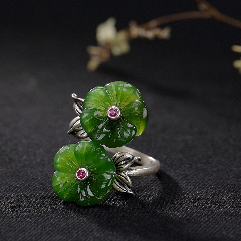 Natural Gemstone Real 925 Sterling Silver Vintage Jade Flower Opening Rings for Women Original Handmade Adjustable Rings Set