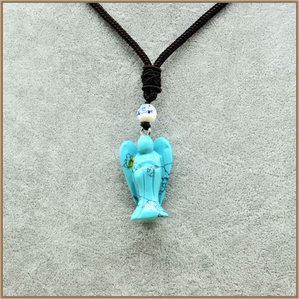 Natural Gemstone Reiki Colorful Crystal Angel Pendant Long Necklace Jade Charms Jewelry Tanzanite Obsidian Women Men Cure Charm