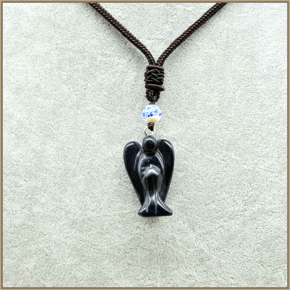Natural Gemstone Reiki Colorful Crystal Angel Pendant Long Necklace Jade Charms Jewelry Tanzanite Obsidian Women Men Cure Charm