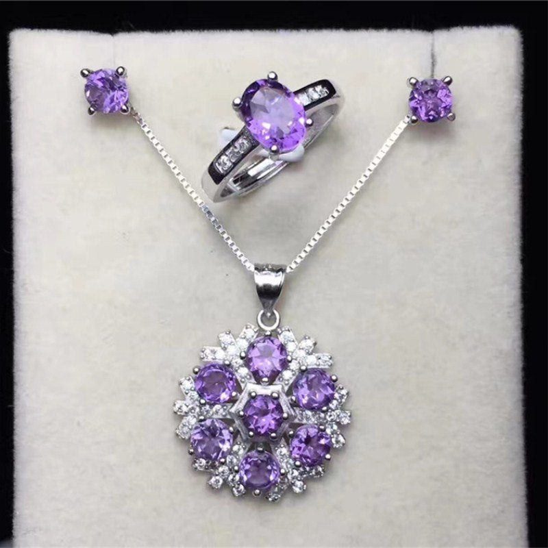 Natural Gemstone Ring Pendants Stud Earrings Set Jewelry For Women 925 Silver Amethyst Round Purple Fine Jewelry Sets CCS002-2