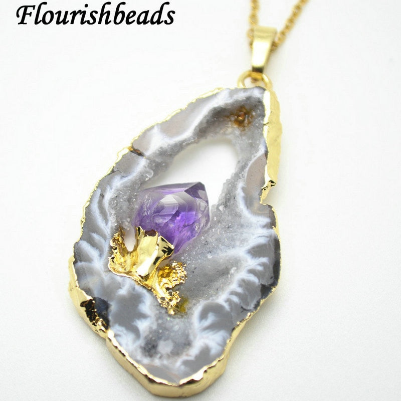 Natural Geode Agate Druzy Slice Pendant Amethyst Nugget Beads Inl Double Layer Pendant Necklace Jewelry