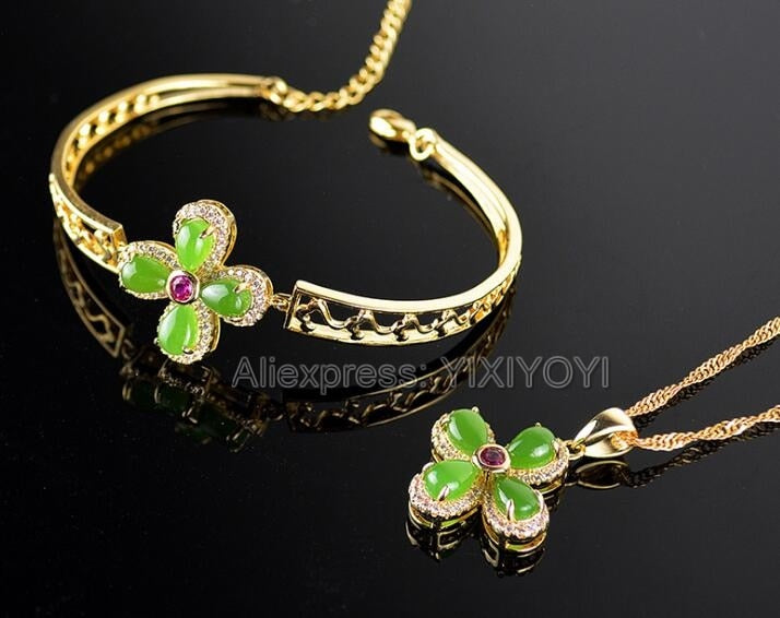 Natural Green HeTian Jade Jasper Beads Inl Gold Flower Lucky Pendant Necklace Bracelet Woman's Fine Jewelry Set Gift