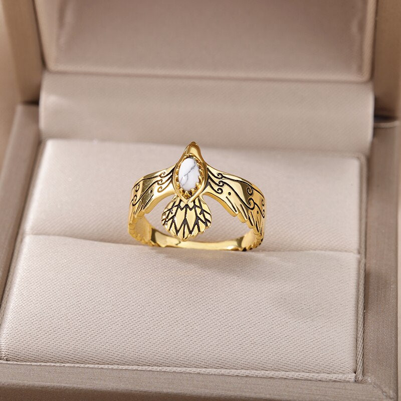 Natural Green Stone Eagle Rings For Women Gothic Stainless Steel Stone Finger Ring 2023 Trend Couple Wedding Party Jewelry Gift