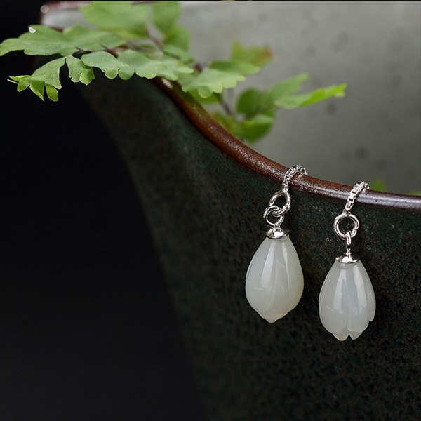 Natural Hetian Jade White Magnolia Flower 925 Sterling Silver Earrings Lady Eardrop Line Wholesale