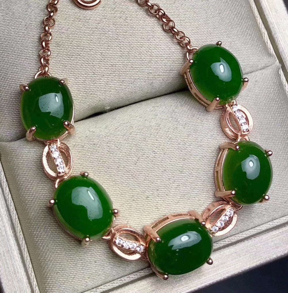 Natural Hetian Jasper chain bracelet Free shipping Natural real Hetian Jasper 925 sterling silver Fine jewelry 8*10mm 5pcs