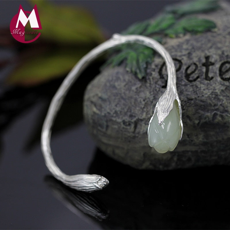 Natural Jade 990 Sterling Silver Bracelets Bangles For Women Trendy Vintage Magnolia Flower Bangle Wedding Fine Jewelry SB01