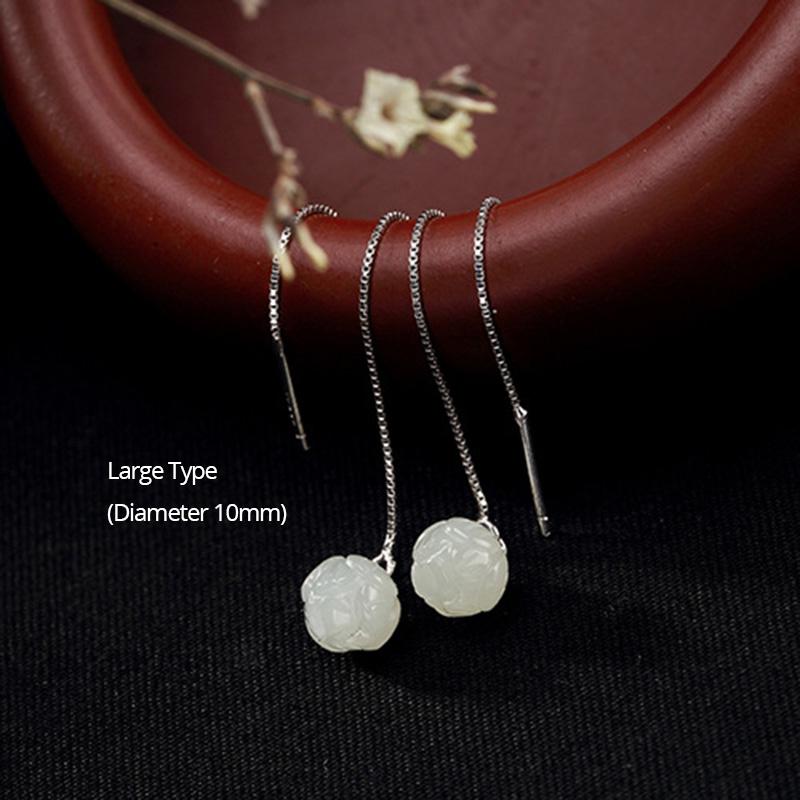 Natural Jade Earrrings Lotus Engraved Long Ear Line Real Pure 925 Sterling Silver Earrings For Women With Natural Stone
