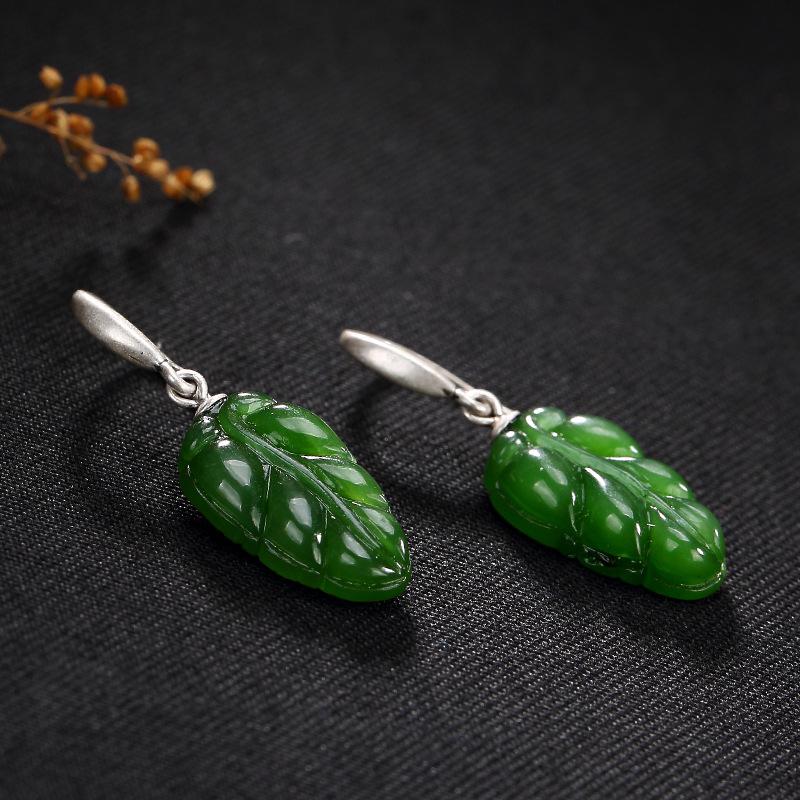 Natural Jasper Green Leaves Earrings 925 Sterling Silver Hook For Women Elegant Vintage Design Fine Jewelry Boucles D'oreilles