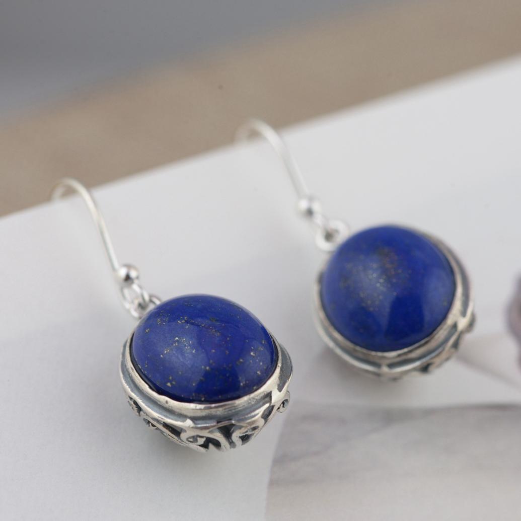 Natural Lapis Lazuli Earrings 925 Sterling Silver Hollow Flower Design Simple Oval Shape Gemstone Drop Earrings For Women