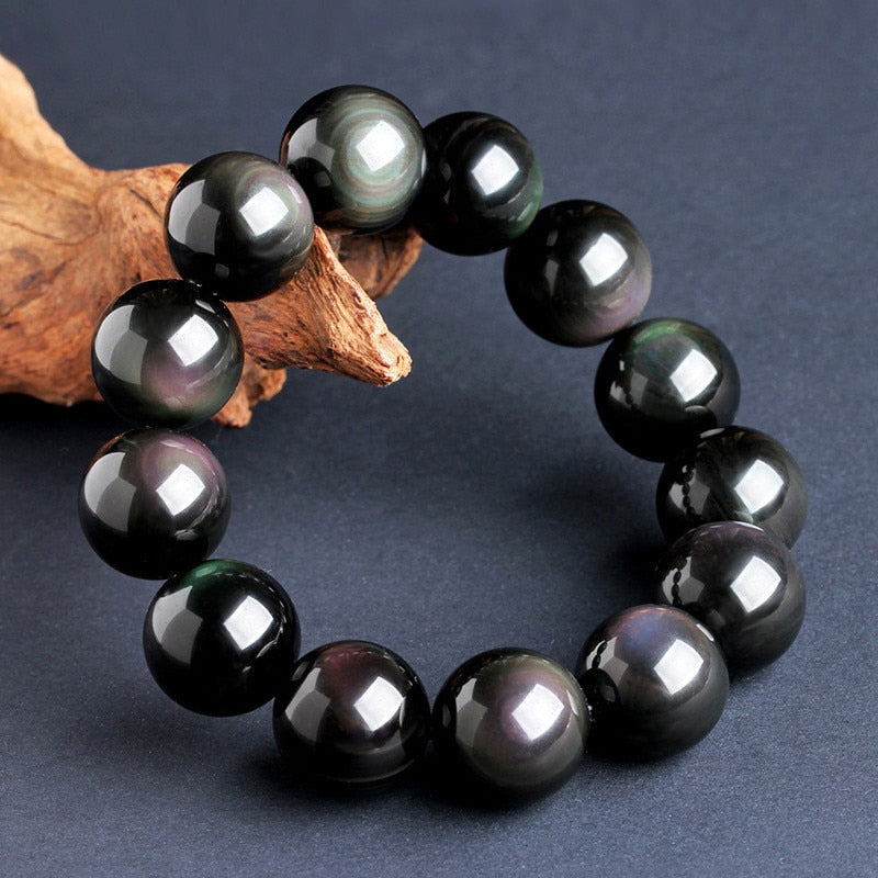Natural Material Energy Stones Black Rainbow Eye Obsidian Bracelets Round Beads Bangle For Men Women Crystal Jewelry Love Gift