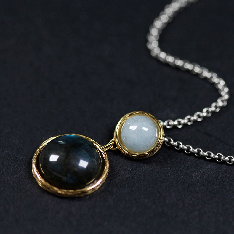 Natural Moonstone Pendant Necklace 925 Sterling Silver Chain Vintage Aquamarine Necklace for Women Best Wedding Wearing Jewerly