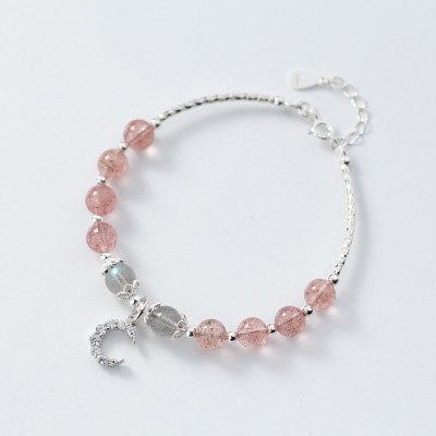 Natural Moonstone Strawberry Crystal Bracelet 925 Sterling Sliver Zircon Blue-vein Stone Fortune Cat Bracelet for Women Jewelry