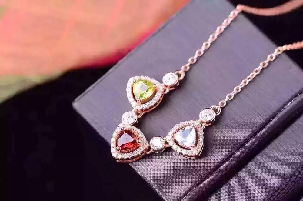 Natural Multicolor garnet topaz crystal Necklace natural gemstone Pendant Necklace S925 silver Fashion Triangle three Jewelry