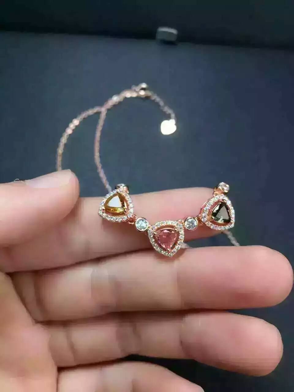 Natural Multicolor tourmaline Necklace natural gemstone Pendant Necklace S925 silver Fashion Elegant Triangle three Jewelry