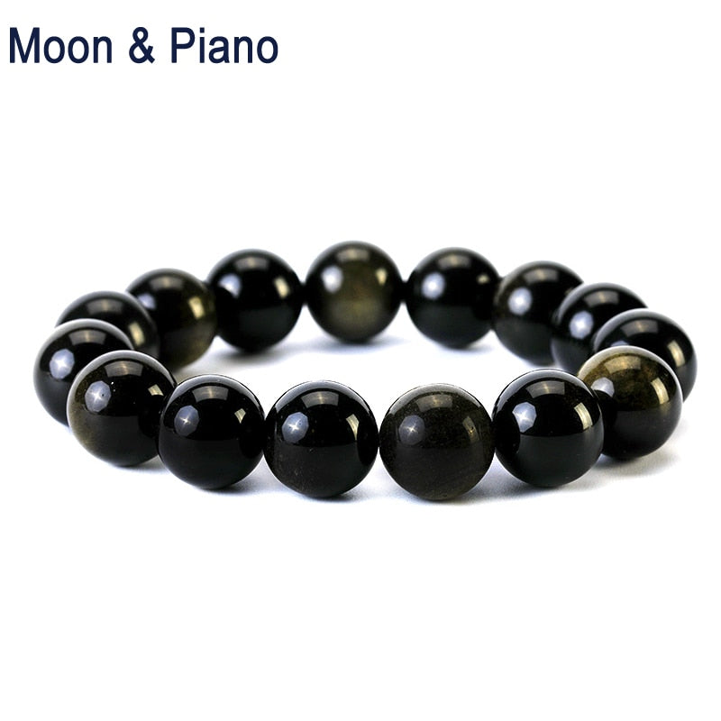 Natural Obsidian Bracelet for Men Jewelry Round Beaded Stretch Bracelets Lucky Classic Accessories