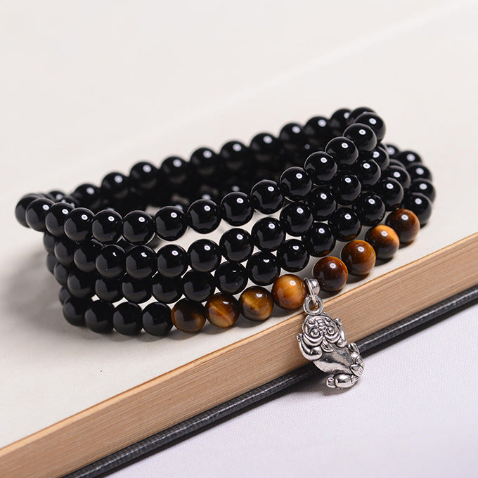 Natural Obsidian Stone Tiger Eye Stone 108 Beads Mala Prayer Beads with Pixiu Pendant Black Color For Men and Women Jewelry