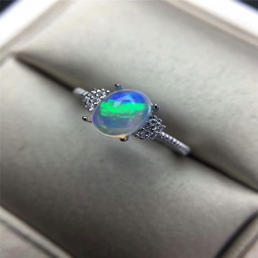 Natural Oval Opal Stone Solid Silver 925 Rings Women Cute Sweet Love Heart Thin Band Real 925 Sterling Silver Jewelry Female