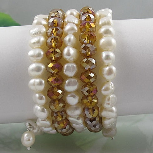 Natural Pearl Crystal Bracelet,AA 8-9MM 5Rows White Pearl Gold Crystal Jewellery Wedding Birthd Lady's Gift
