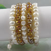 Natural Pearl Crystal Bracelet,AA 8-9MM 5Rows White Pearl Gold Crystal Jewellery Wedding Birthd Lady's Gift