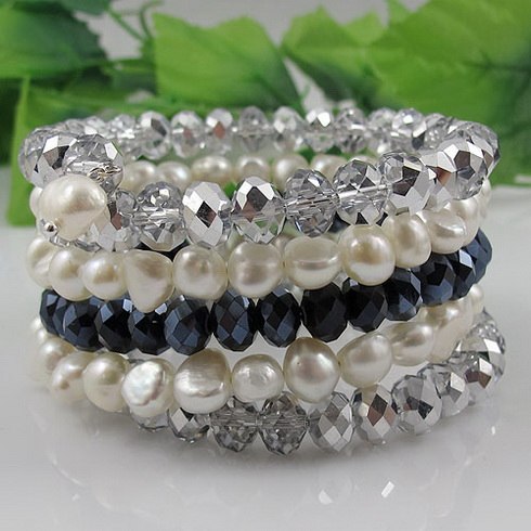 Natural Pearl Crystal Bracelet,AA 8-9MM 5Rows White Pearl Gr Blue Crystal Jewellery Wedding Birthd Lady's Gift