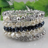 Natural Pearl Crystal Bracelet,AA 8-9MM 5Rows White Pearl Gr Blue Crystal Jewellery Wedding Birthd Lady's Gift
