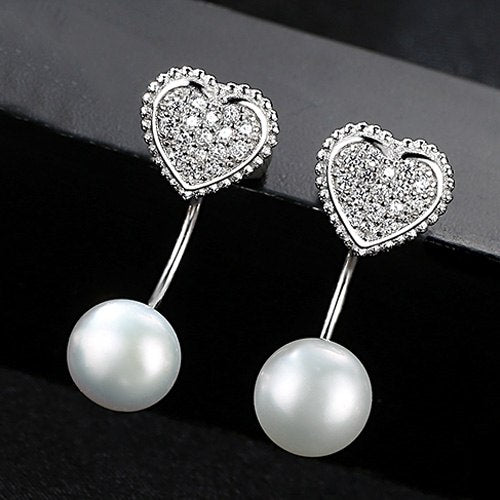 Natural Pearl Earrings 100% 925 Sterling Silver Stud Earrings AAA Zircon Crystal Heart Earrings Women Jewelry