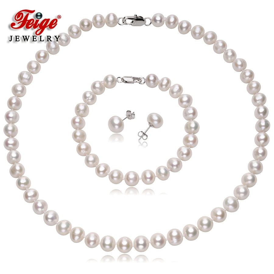 Natural Pearl Necklace Jewelry Sets for Women Anniversary Gift 8-9MM White Pearl 925 Silver Earring Accessories FEIGE