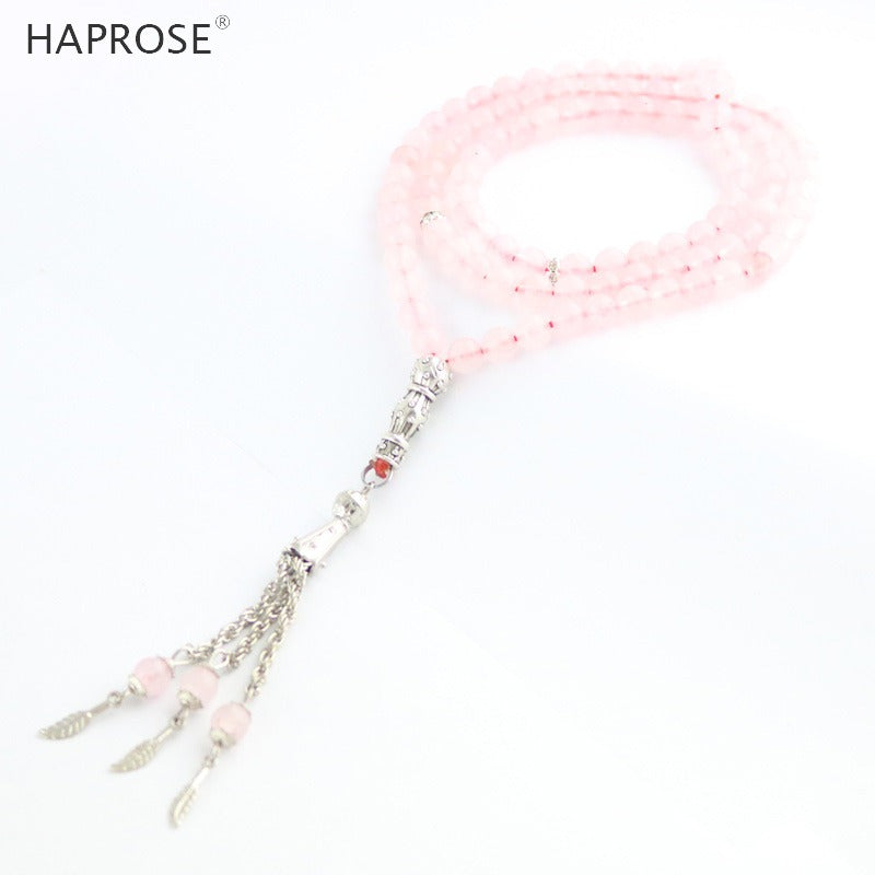 Natural Pink Crystal Prayer Bracelet Islamic Muslim Tasbih Rosary Bracelet Fashion Jewelry Luxury Lady Crystal Romantic Necklace